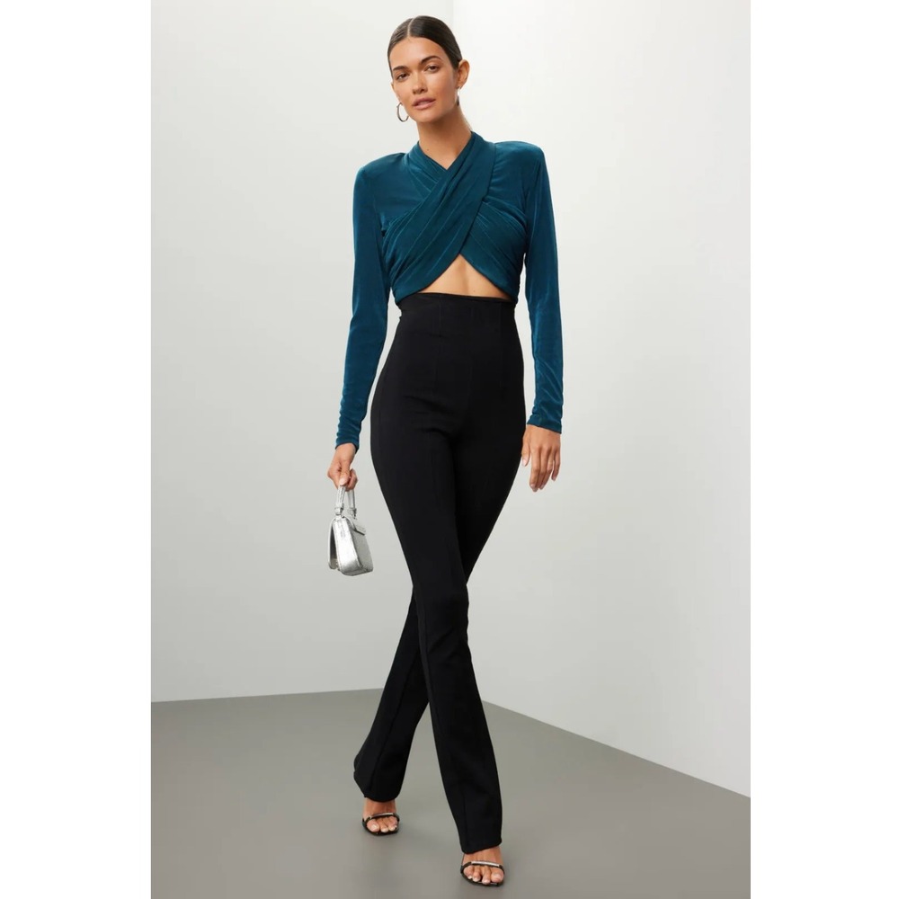 Bardot Wren Wrap Top Teal Blue Long Sleeve Cropped Ruched Criss Cross Sz S - Picture 3 of 11